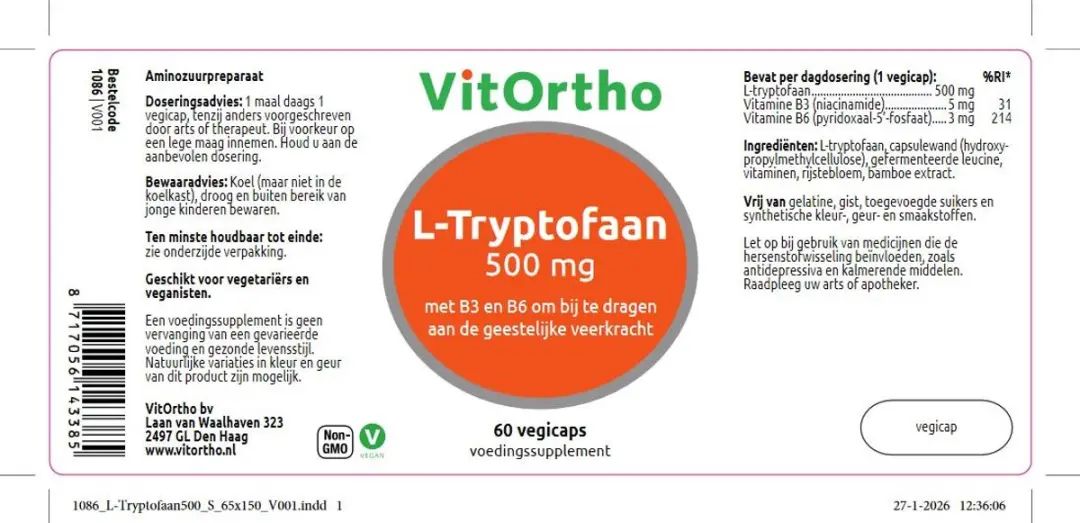 VitOrtho L-Tryptofaan 500mg 60 Capsules