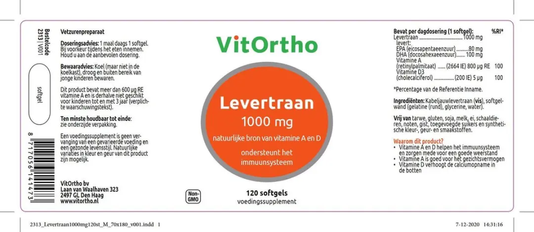 VitOrtho Levertraan 1000mg Softgels - 120 Stuks