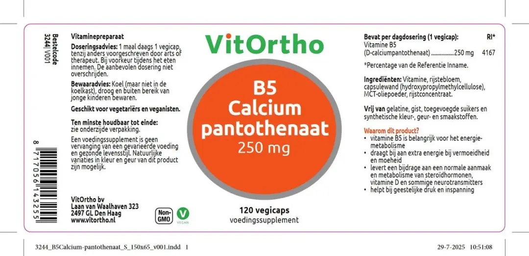VitOrtho B5 Calciumpantothenaat 250mg - 120 Vegicaps