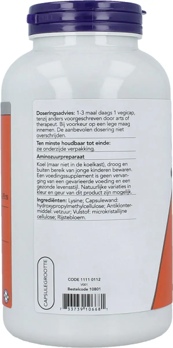 VitOrtho L-Lysine 500mg Vegetarische Capsules - 250 Stuks