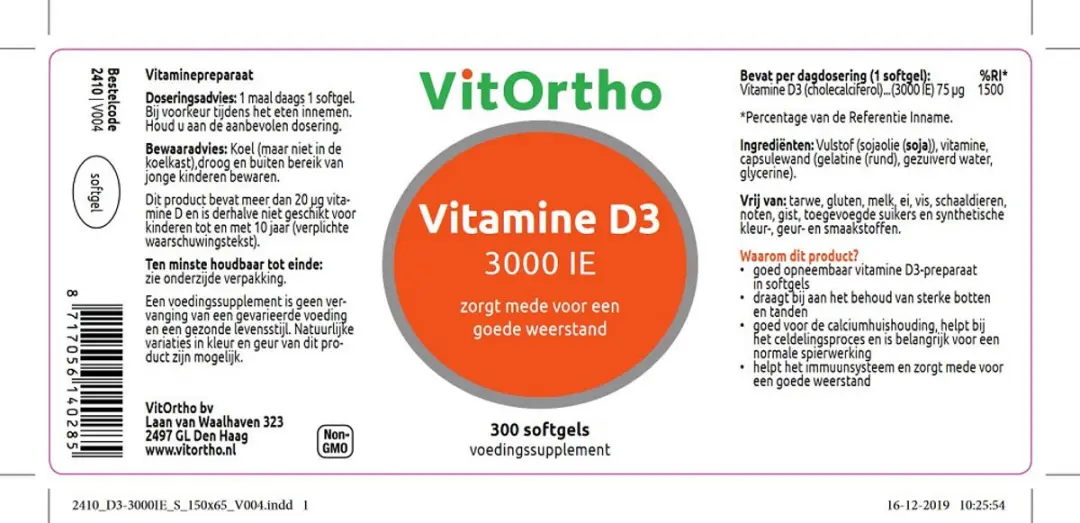 VitOrtho Vitamine D3 3000 IE 300 Softgels