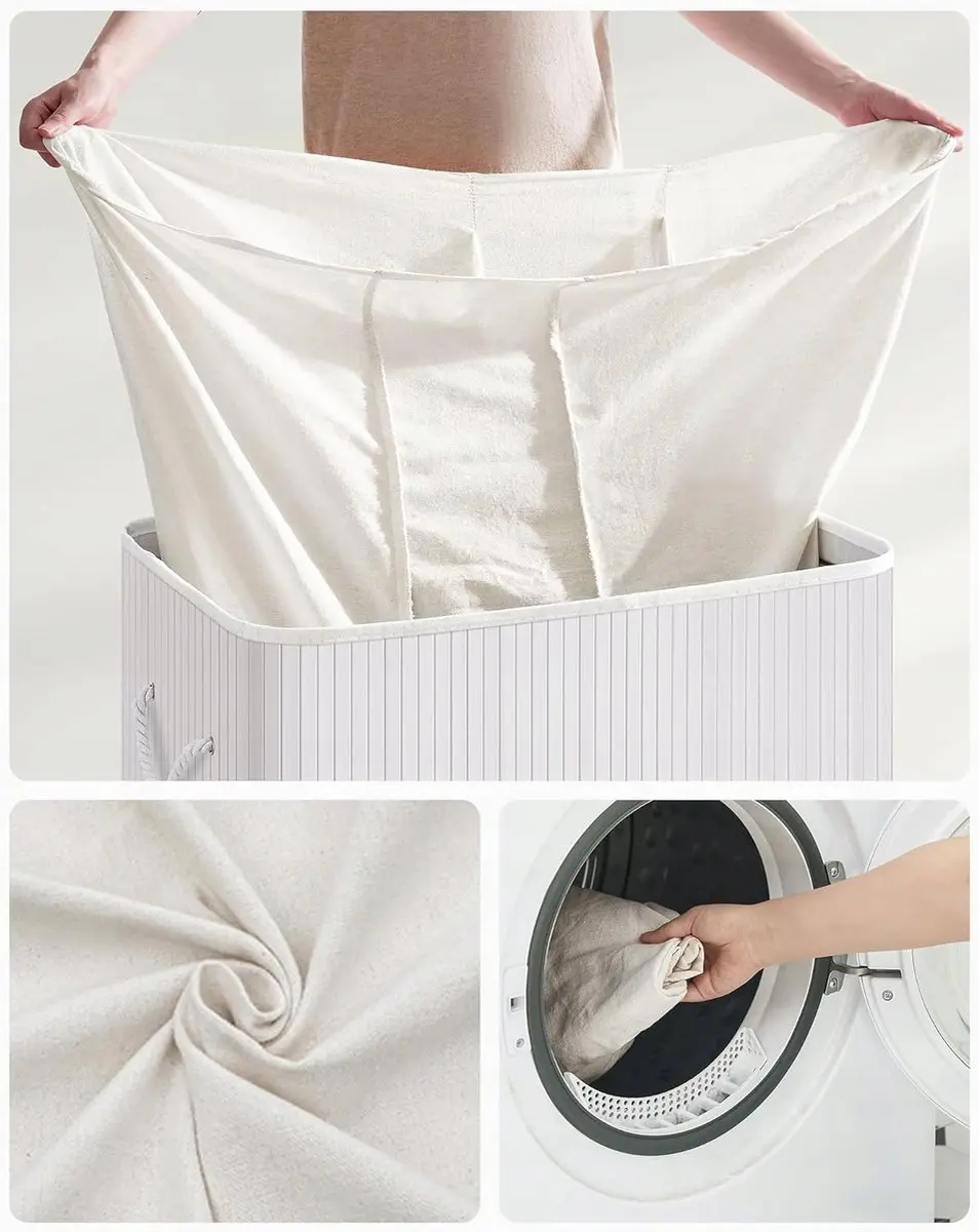 Songmics Bamboe Wasmand 3 Vakken 150L - Wit - afbeelding 4 van 5