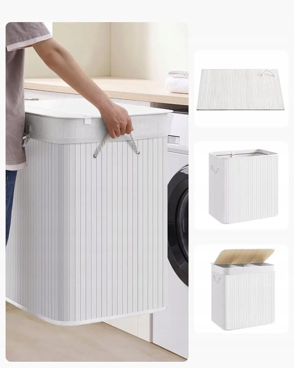 Songmics Bamboe Wasmand 3 Vakken 150L - Wit - afbeelding 3 van 5