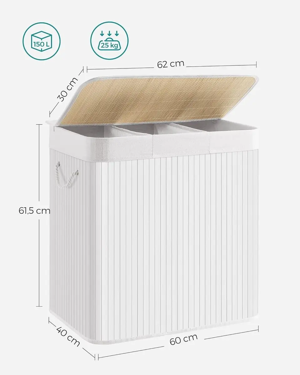 Songmics Bamboe Wasmand 3 Vakken 150L - Wit - afbeelding 2 van 5