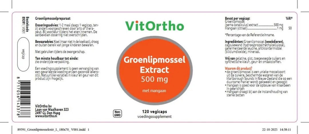 VitOrtho Groenlipmossel Extract 500mg - 120 Capsules