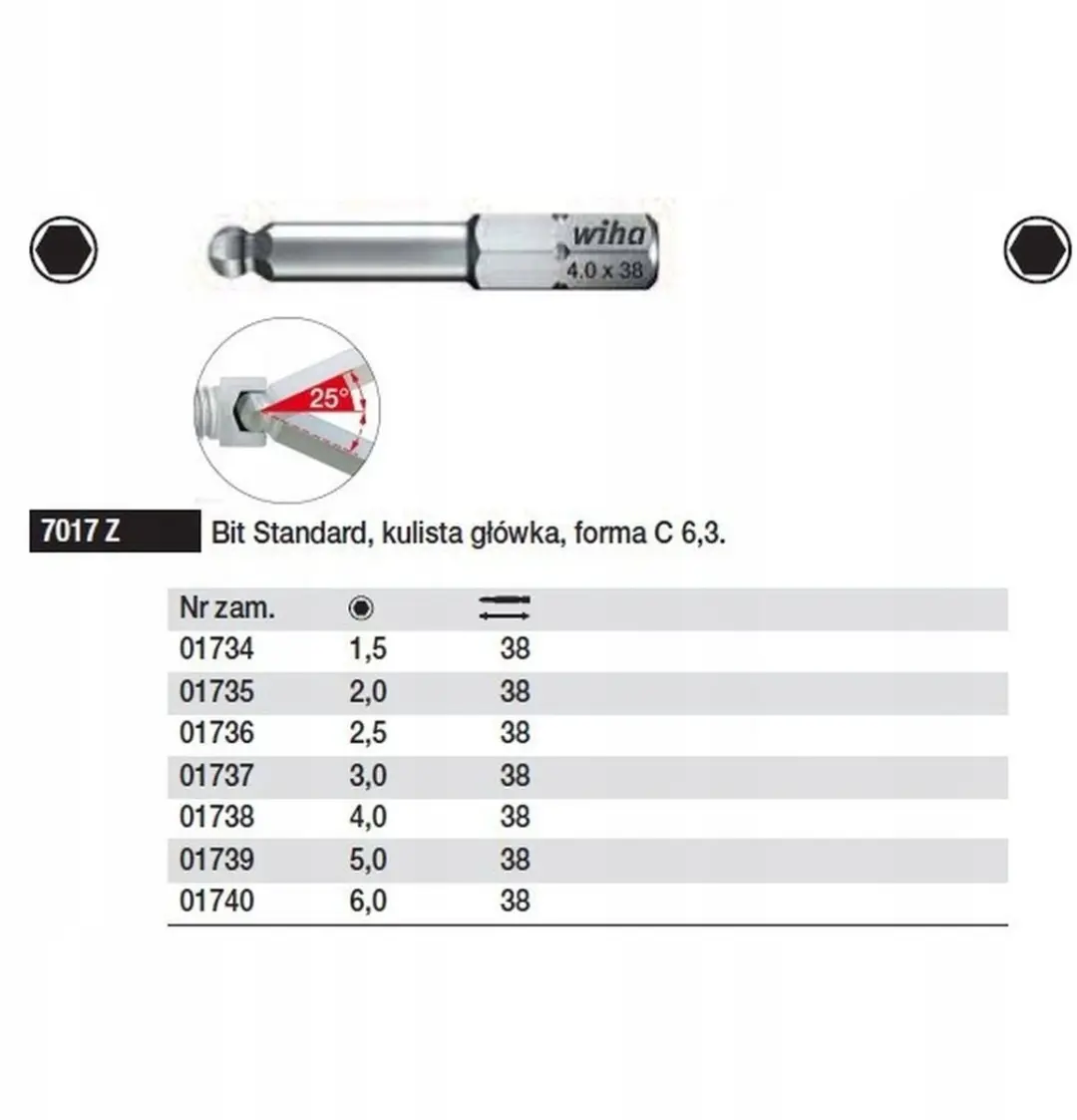 Wiha Bit Standard 38mm 4.0mm Zeskantkogelkop - 01738