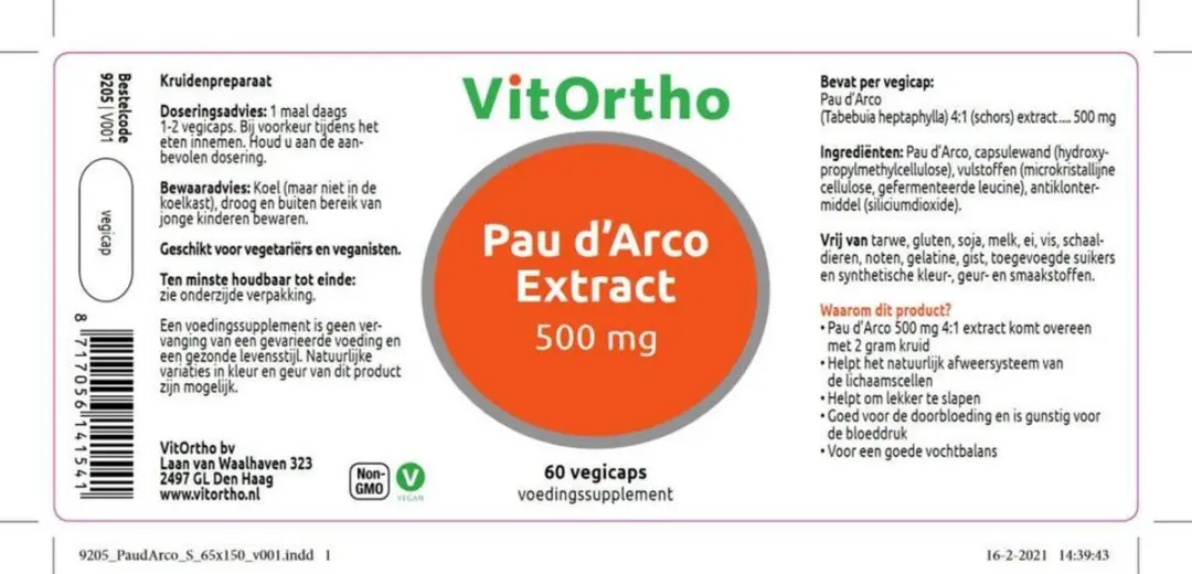 VitOrtho Pau d’Arco Extract 500mg - 60 Vegacapsules