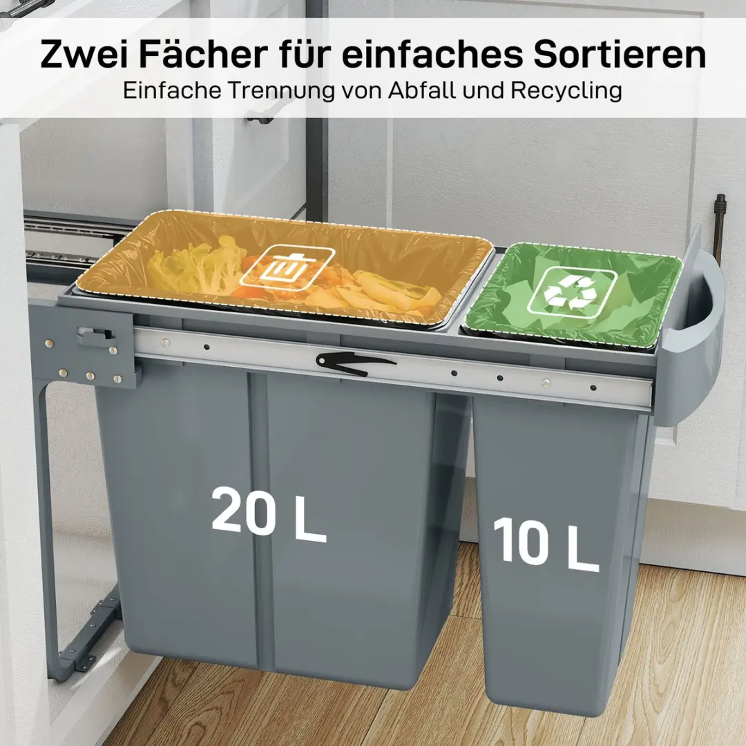 Homcom Inbouwafvalbak 2-delig 30L Grijs - 52x26x40,8cm - afbeelding 5 van 6