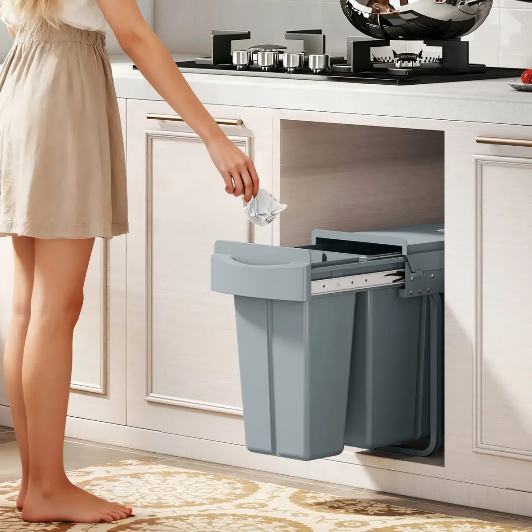 Homcom Inbouwafvalbak 2-delig 30L Grijs - 52x26x40,8cm - afbeelding 2 van 6
