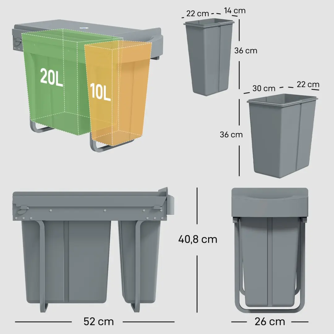 Homcom Inbouwafvalbak 2-delig 30L Grijs - 52x26x40,8cm - afbeelding 6 van 6