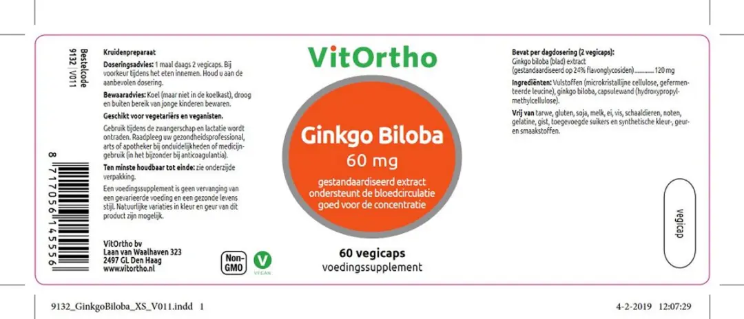 VitOrtho Ginkgo Biloba 60 Vcaps - 60 mg