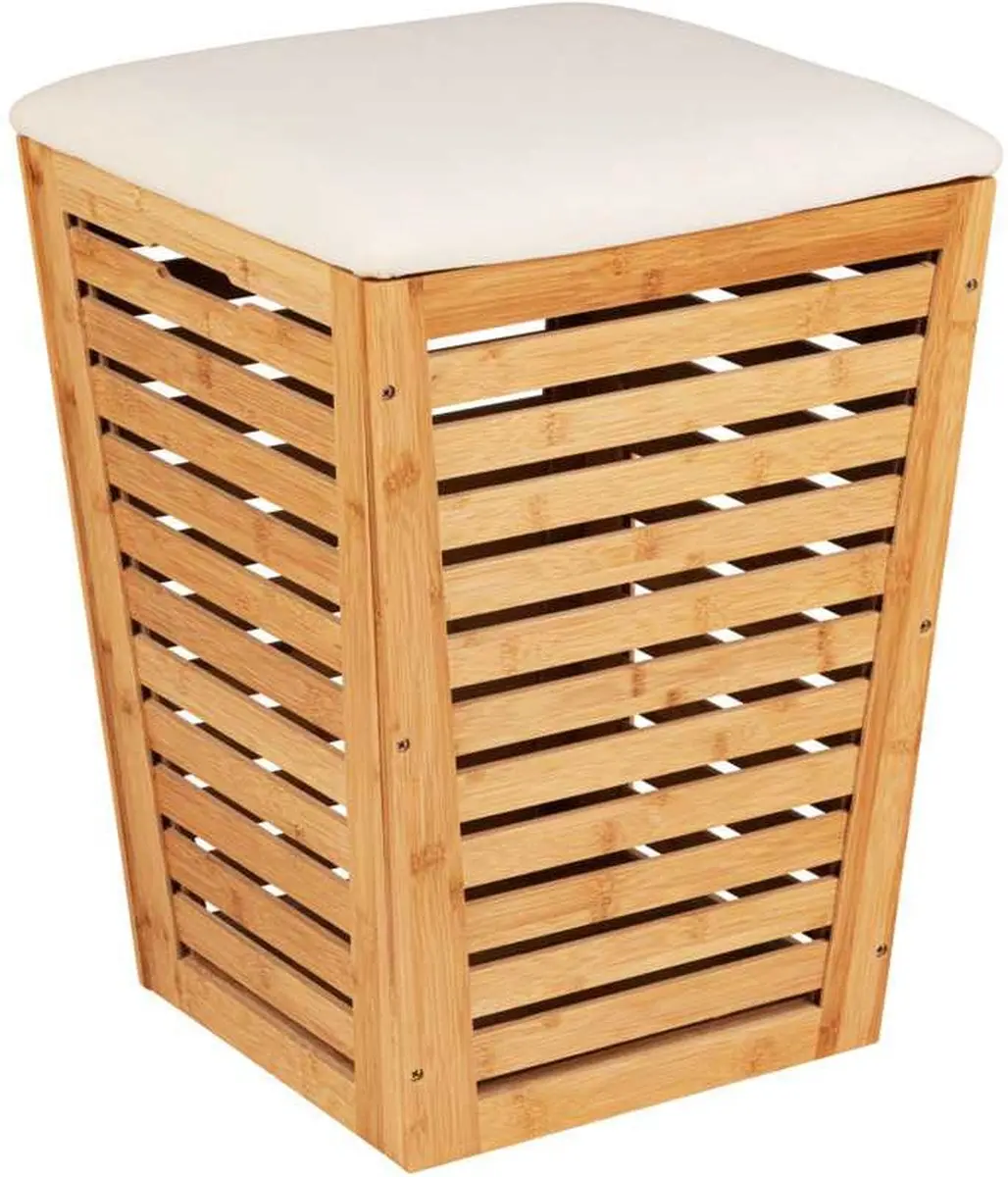 Wenko Bamboe Wasmand met Zitje 55L - Beige