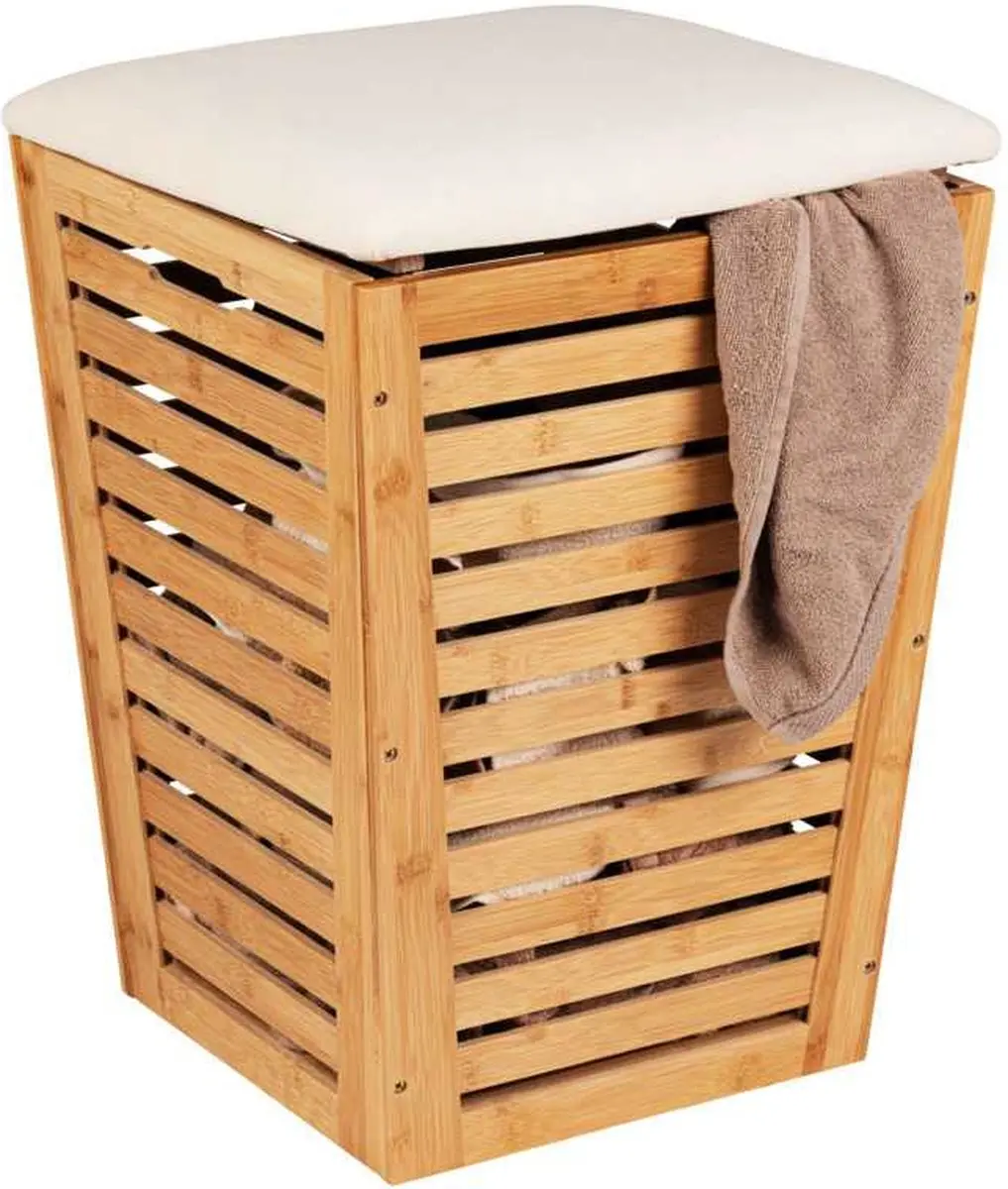 Wenko Bamboe Wasmand met Zitje 55L - Beige