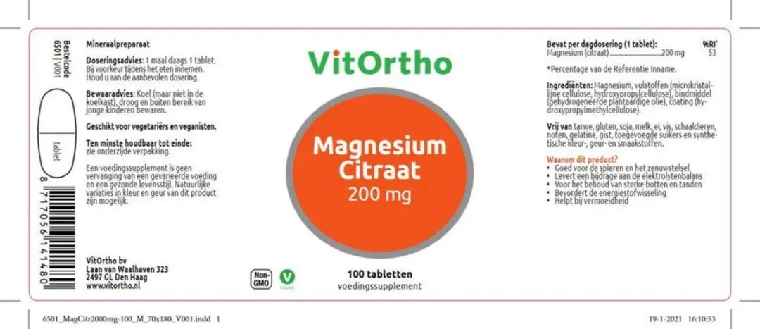VitOrtho Magnesiumcitraat 200mg - 100 Tabletten