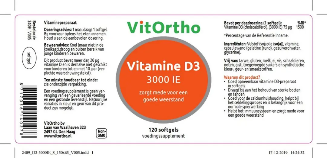 VitOrtho Vitamine D3 3000IE - 120 Stuks