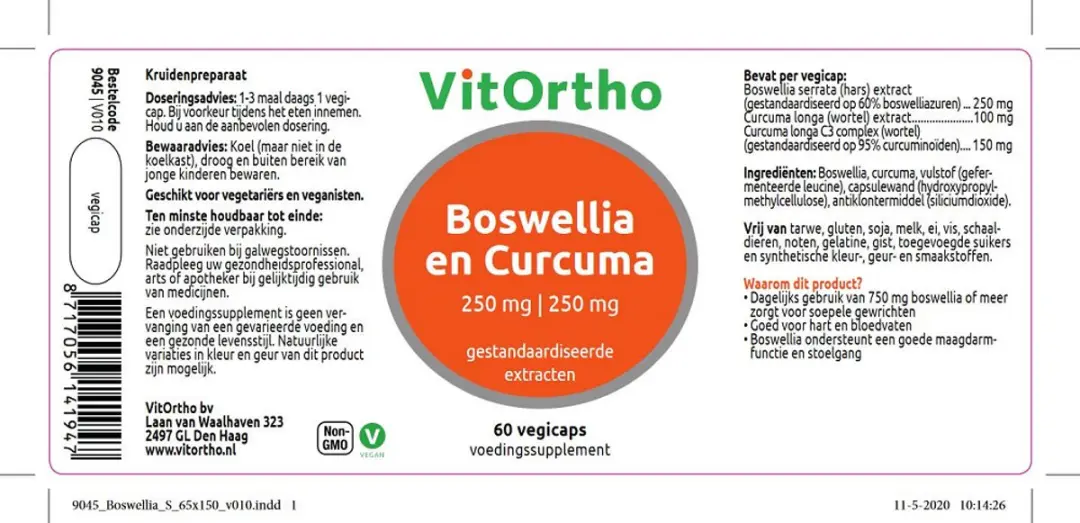 VitOrtho Boswellia & Curcuma 250mg Capsules - 60 Stuks