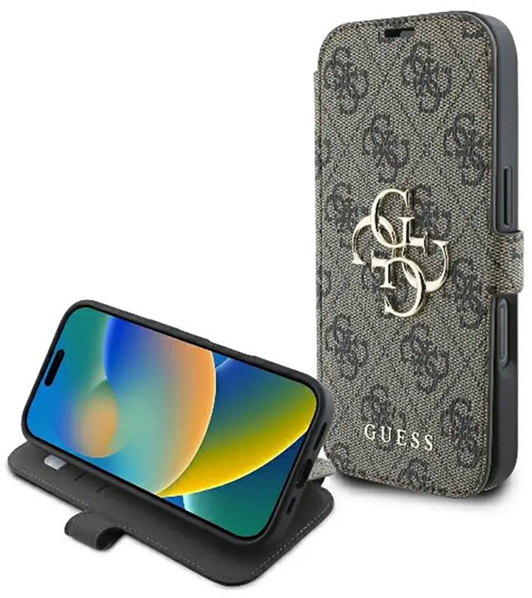 Guess 4G Big Metal Logo Book Wallet Case iPhone 16 Pro Max - Bruin