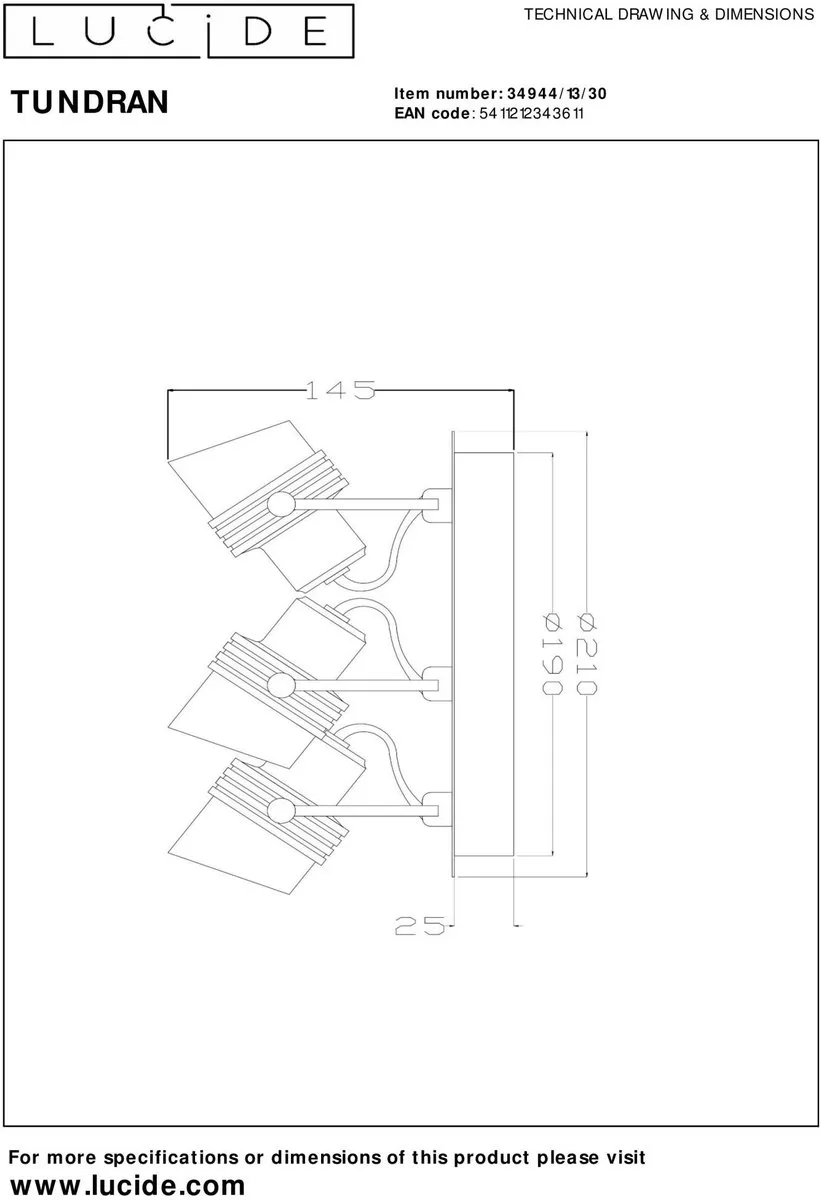 Lucide TUNDRAN Plafondspot Ø21cm 3xGU10 - Zwart - afbeelding 6 van 6