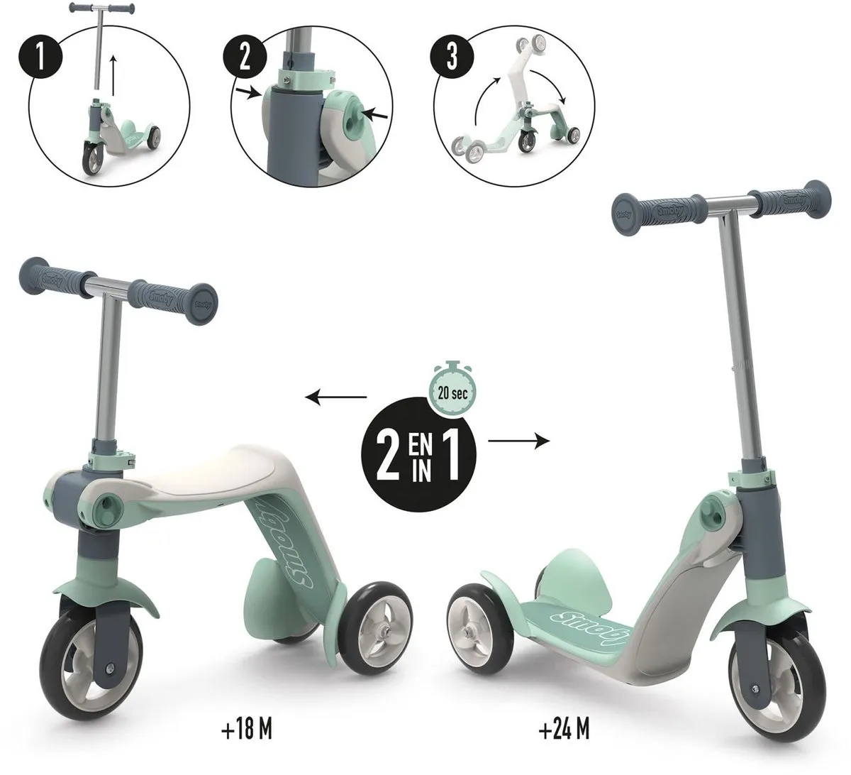 Smoby Step Loopfiets Scooter 2-in-1 - 3 Wielen - Groen/Wit/Grijs