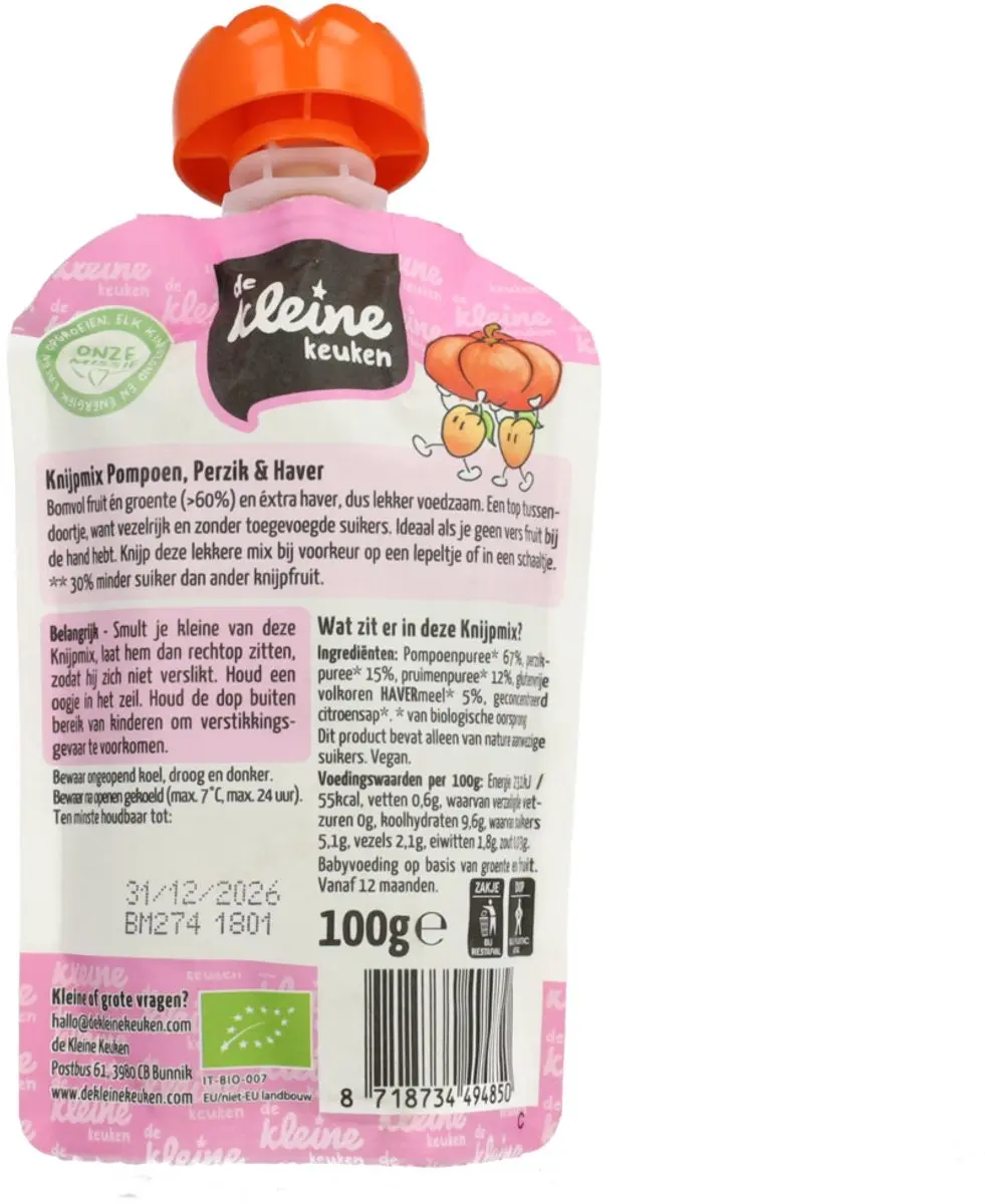 De Kleine Keuken Bio Knijpmix 12+ Pompoen Perzik Haver - 6x100g