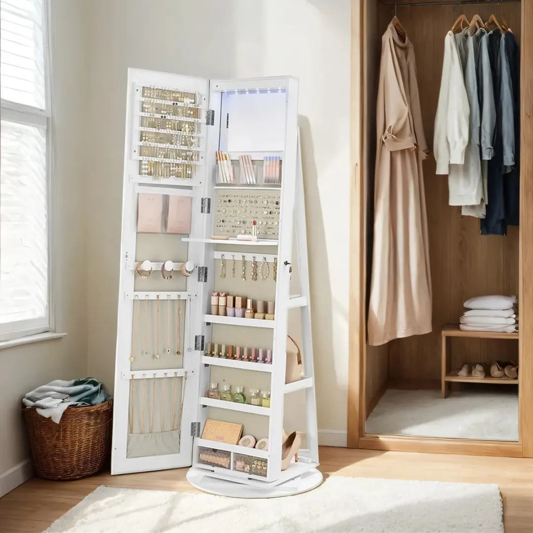Songmics Sieradenkast 360° Draaibaar Wit Grijsbeige