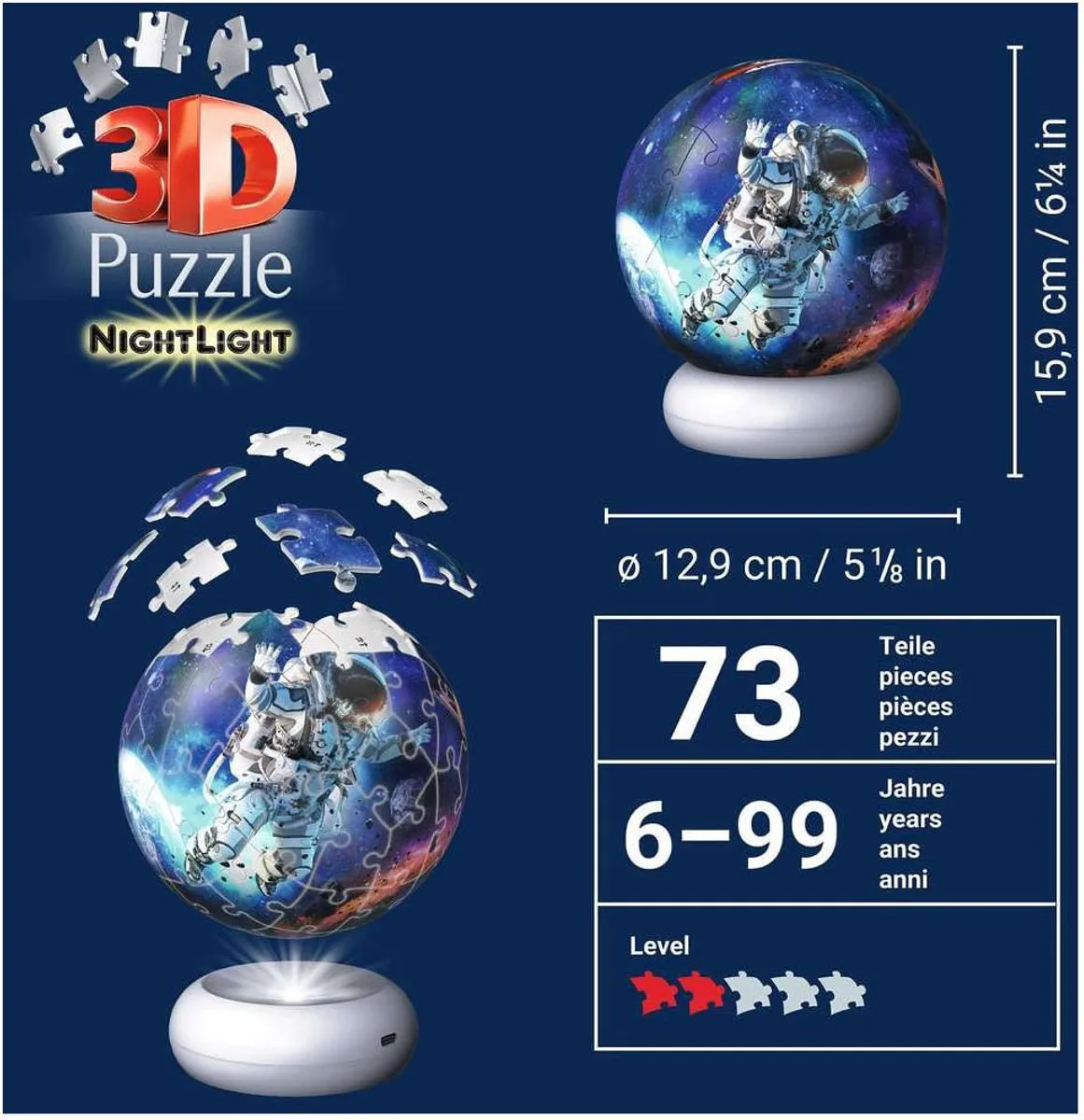 Ravensburger Astronauten 3D Puzzle-Ball Nachtlicht 73 Stukjes - afbeelding 6 van 6