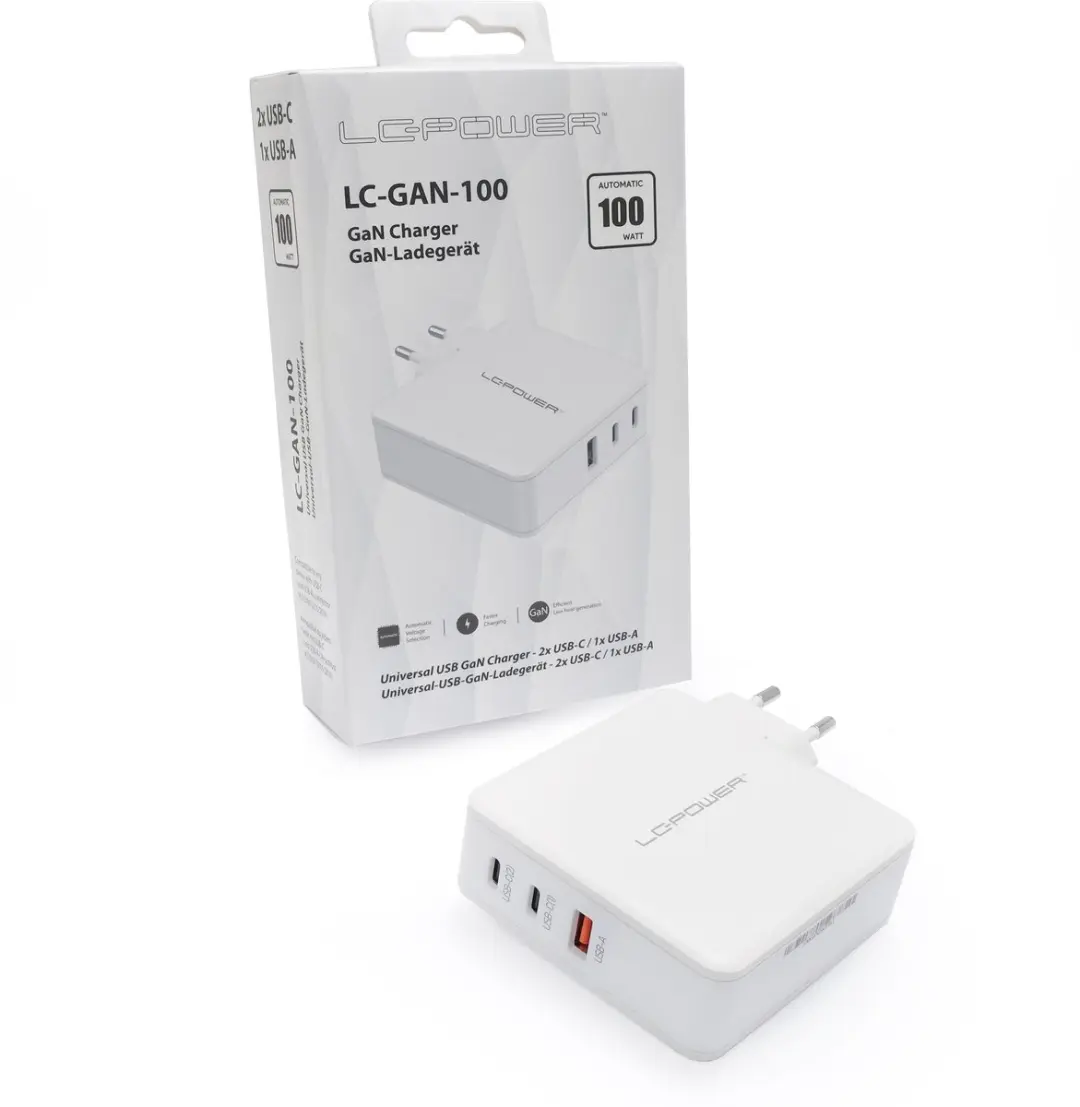 LC Power LC-GAN-100 GaN Laptop Snellader 100W - 2x USB-C, 1x USB-A - Wit