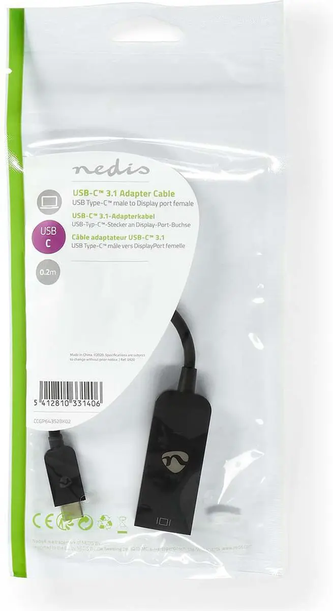 Nedis USB-C Adapter CCGP64352BK02 USB 3.2 - DisplayPort - 8K@60Hz - 0,2m - Zwart