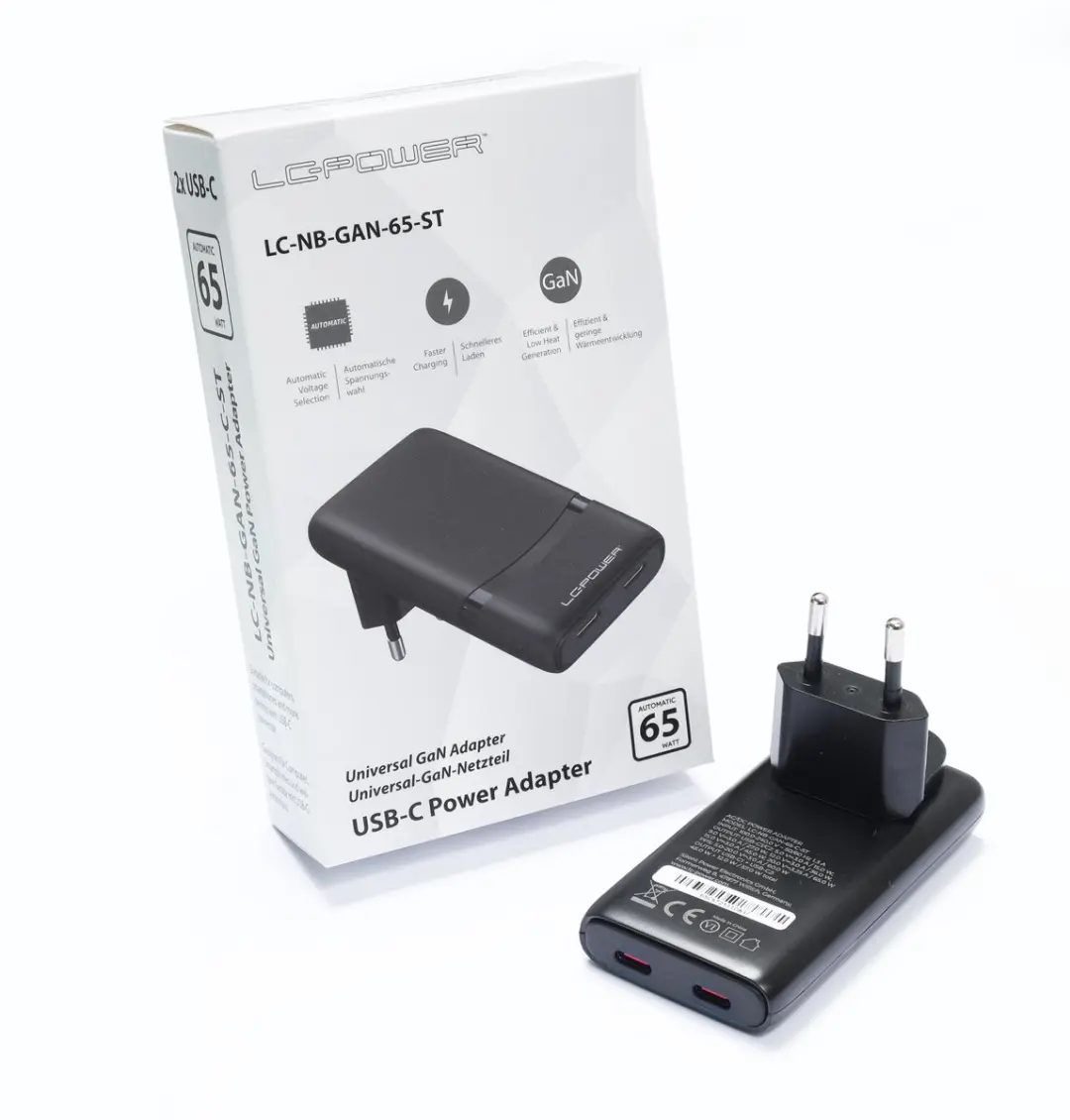 LC Power LC-NB-GAN-65-ST GaN Laptop Snellader 65W - 2x USB-C - Zwart
