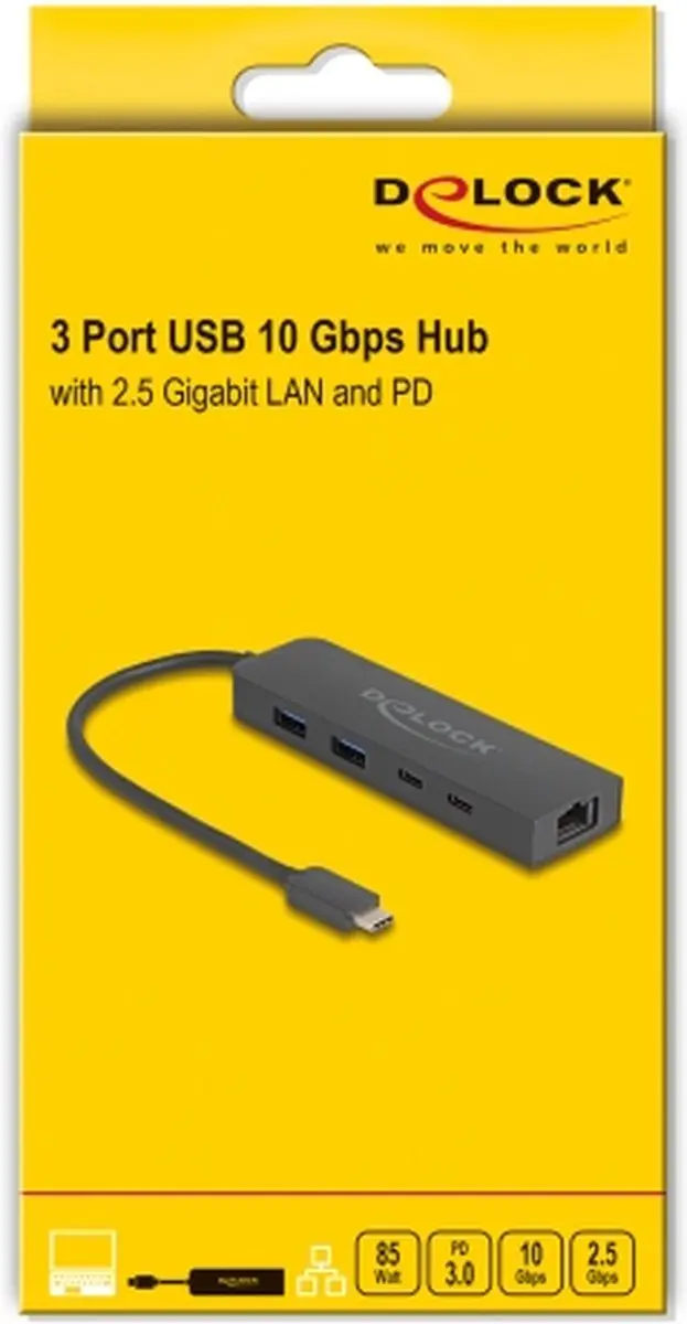 Delock 10Gbps USB Hub met 2.5Gb LAN & PD 85W - Zwart
