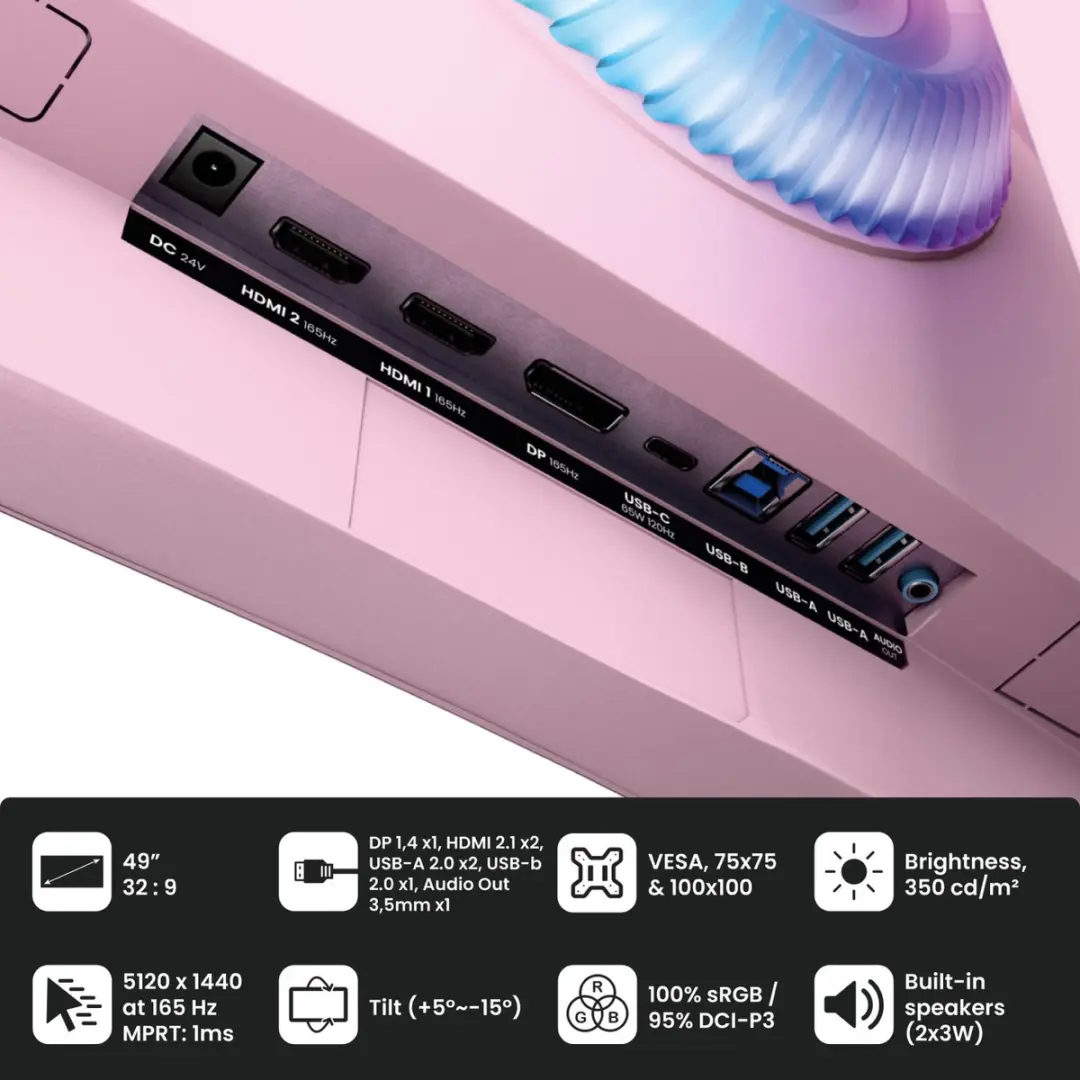 Arozzi Nova 49" Curved Gaming Monitor - DQHD 165Hz - Roze