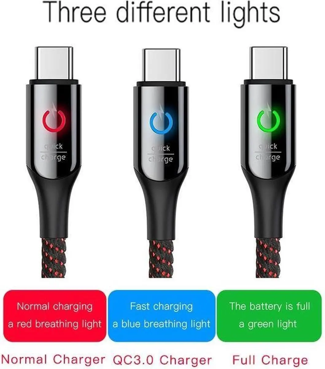 Baseus Smart Power Off USB-C LED Kabel 3A - 10 Stuks - Zwart