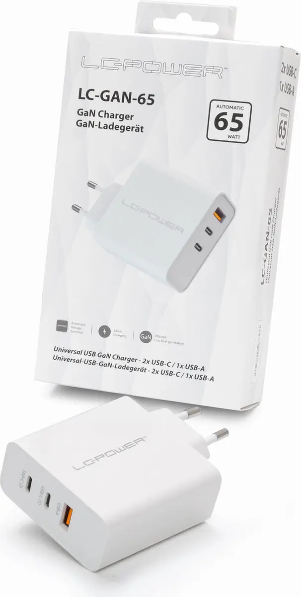 LC Power 3-in-1 GaN Snellader 65W - Wit