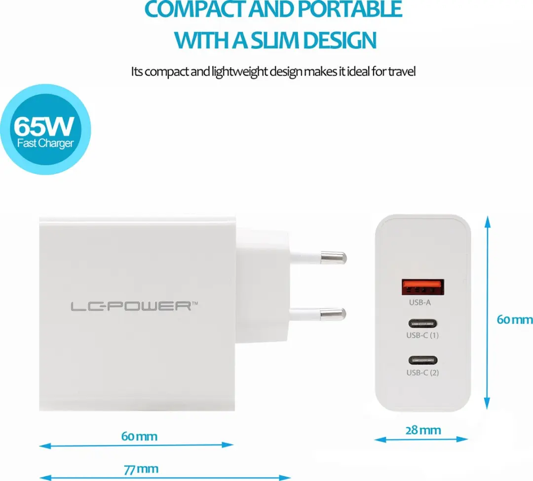 LC Power 3-in-1 GaN Snellader 65W - Wit