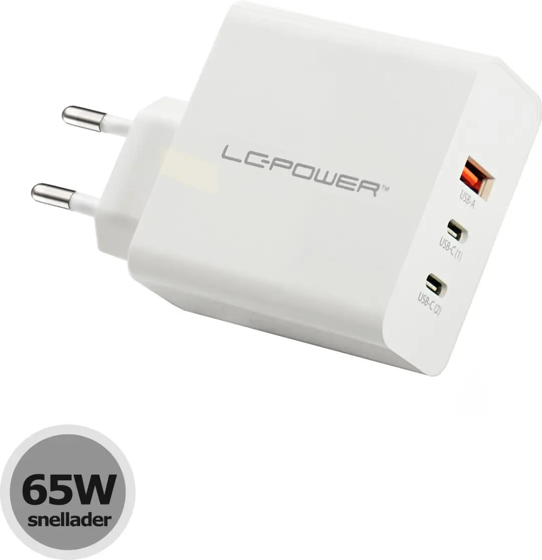 LC Power 3-in-1 GaN Snellader 65W - Wit