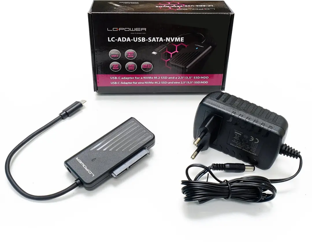 LC Power ADA-USB-SATA-NVMe Adapter 10Gbps - 3.5" HDD/SSD & M.2 NVMe - Zwart