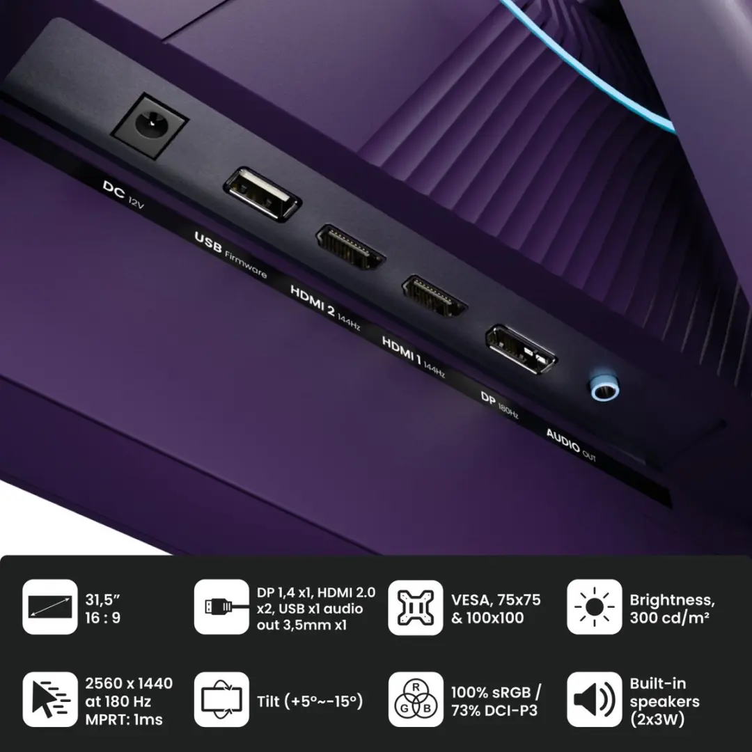 Arozzi Nova 32" Gaming Monitor - QHD IPS 180Hz - Paars