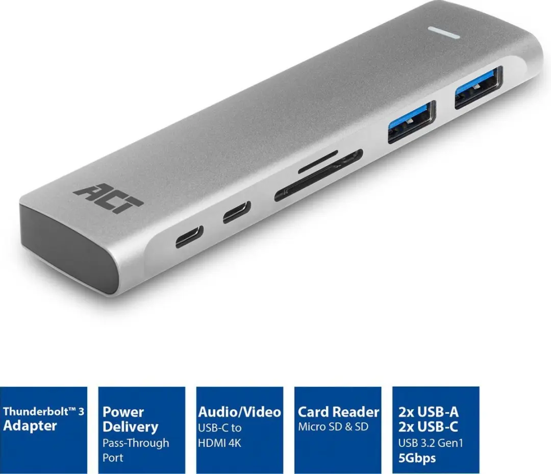 ACT AC7025 USB-C Thunderbolt 3 Multiport Adapter - HDMI & 2x USB-A - Zilver