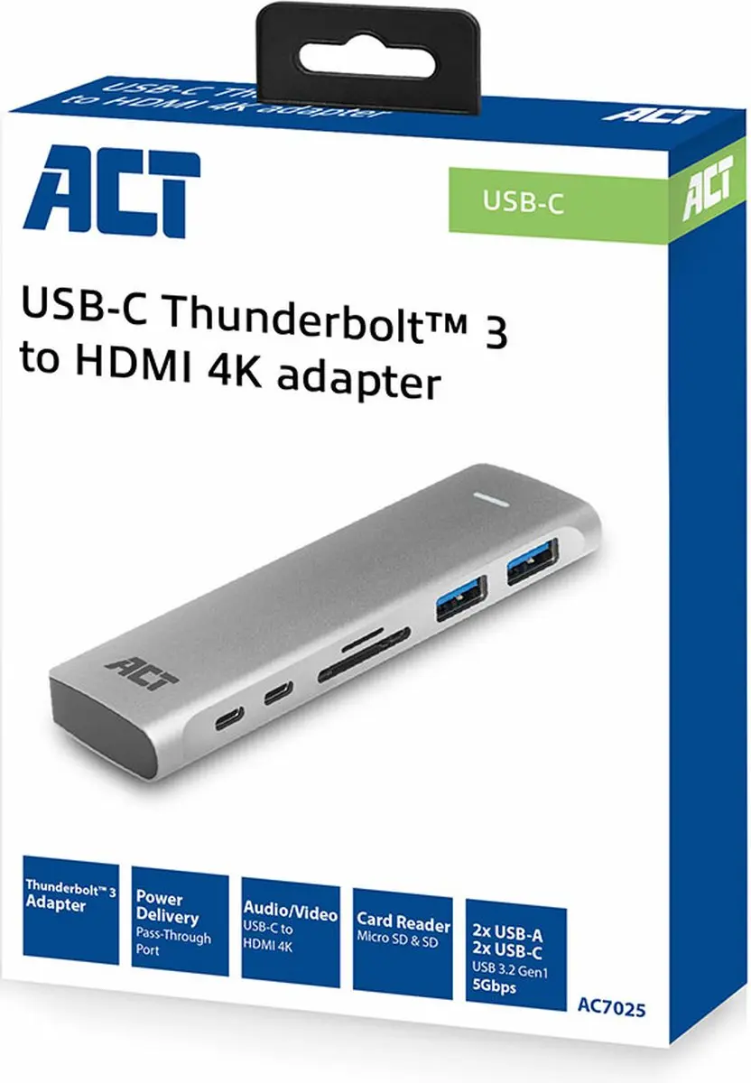 ACT AC7025 USB-C Thunderbolt 3 Multiport Adapter - HDMI & 2x USB-A - Zilver