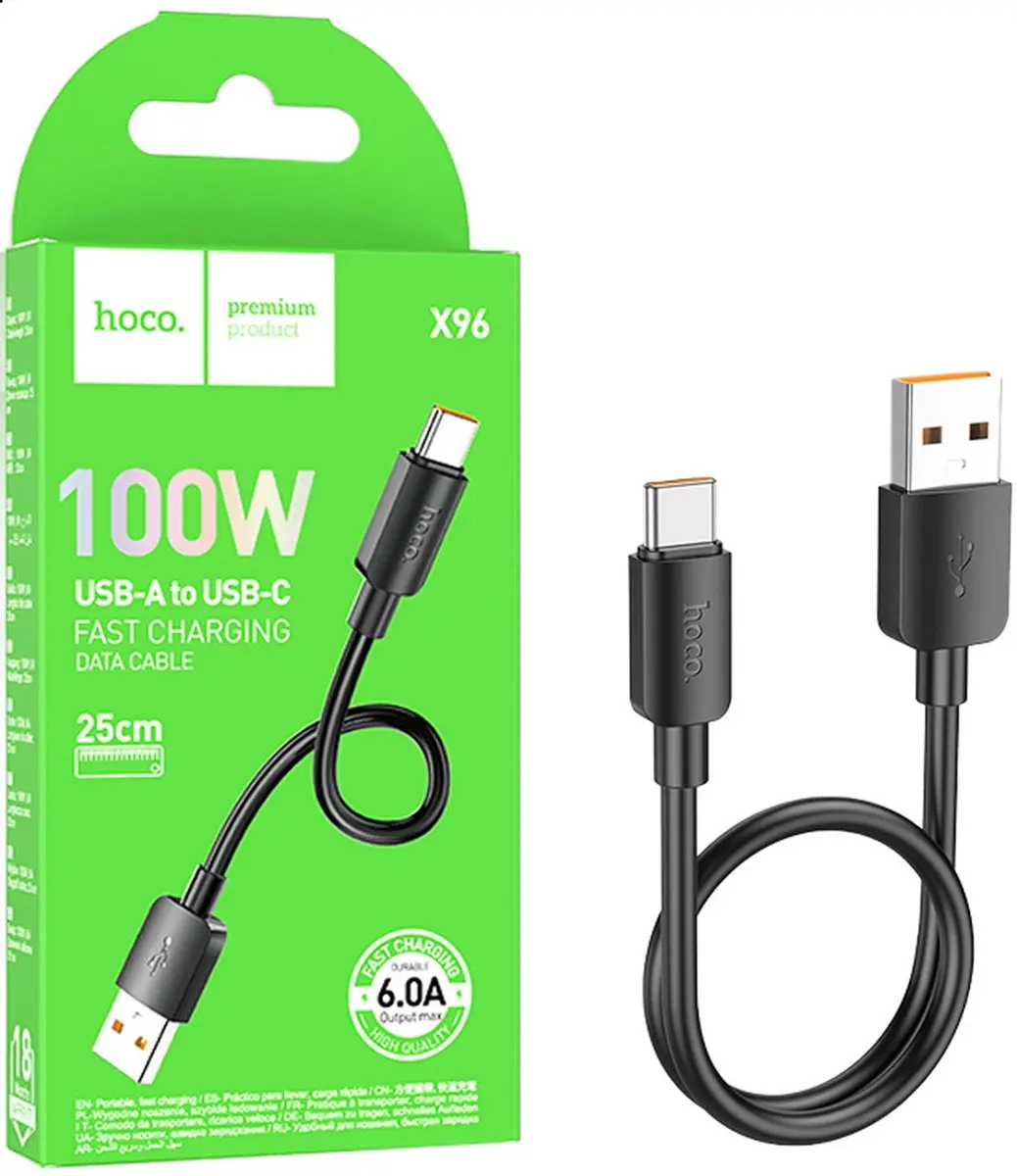 Hoco X96 USB-C Laadkabel 100W PD 0.25m - Zwart