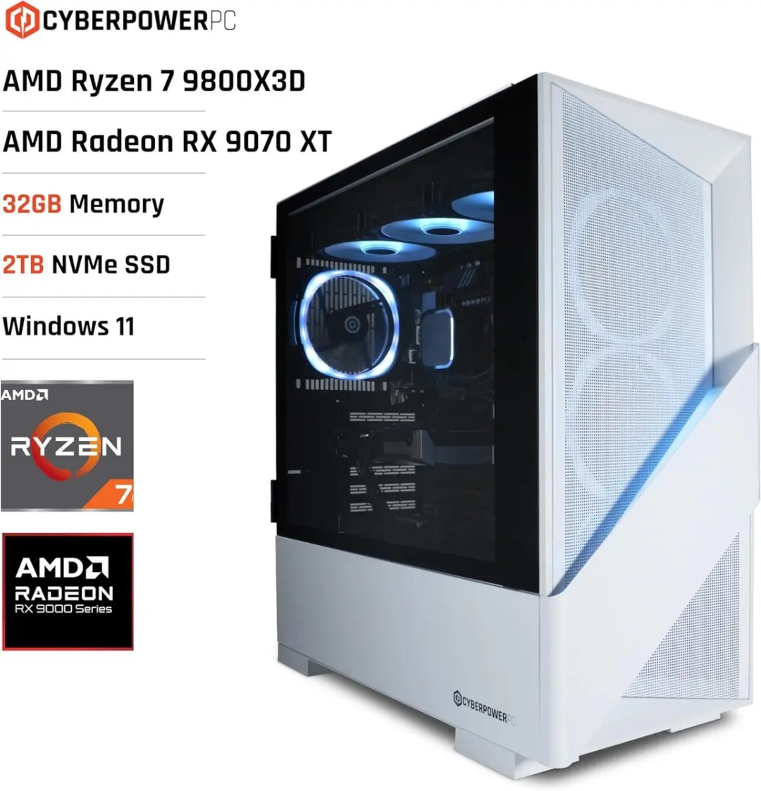 CyberPowerPC Luxe Gaming PC AMD Ryzen 7 9800X3D RX 9070 XT 16GB - 32GB RAM 2TB SSD 750W
