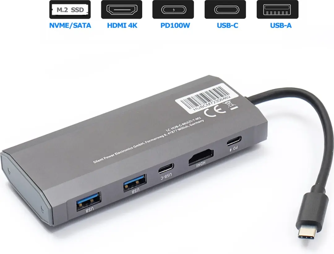 LC Power LC-HUB-C-MULTI-7-M2 USB-C Hub M.2 SSD - 4K HDMI & USB-C PD 100W