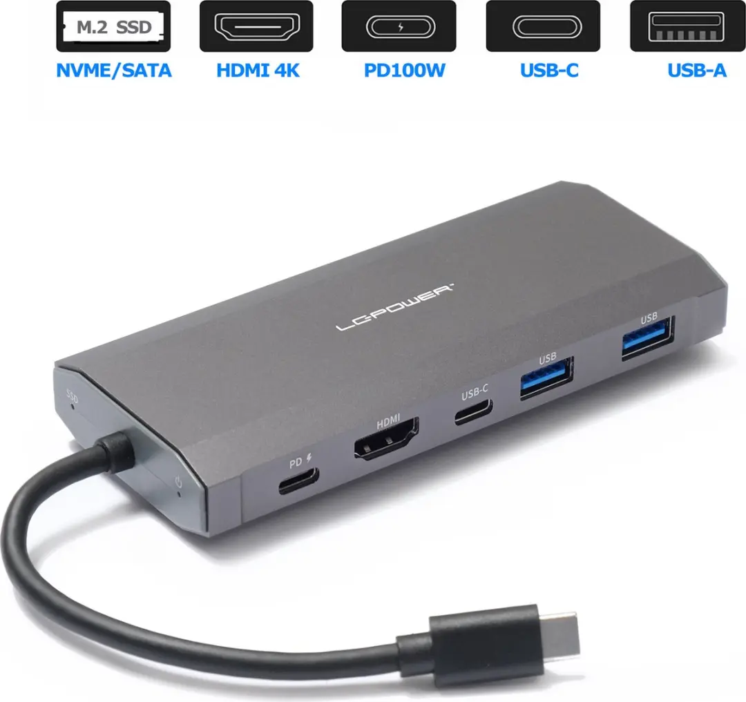 LC Power LC-HUB-C-MULTI-7-M2 USB-C Hub M.2 SSD - 4K HDMI & USB-C PD 100W