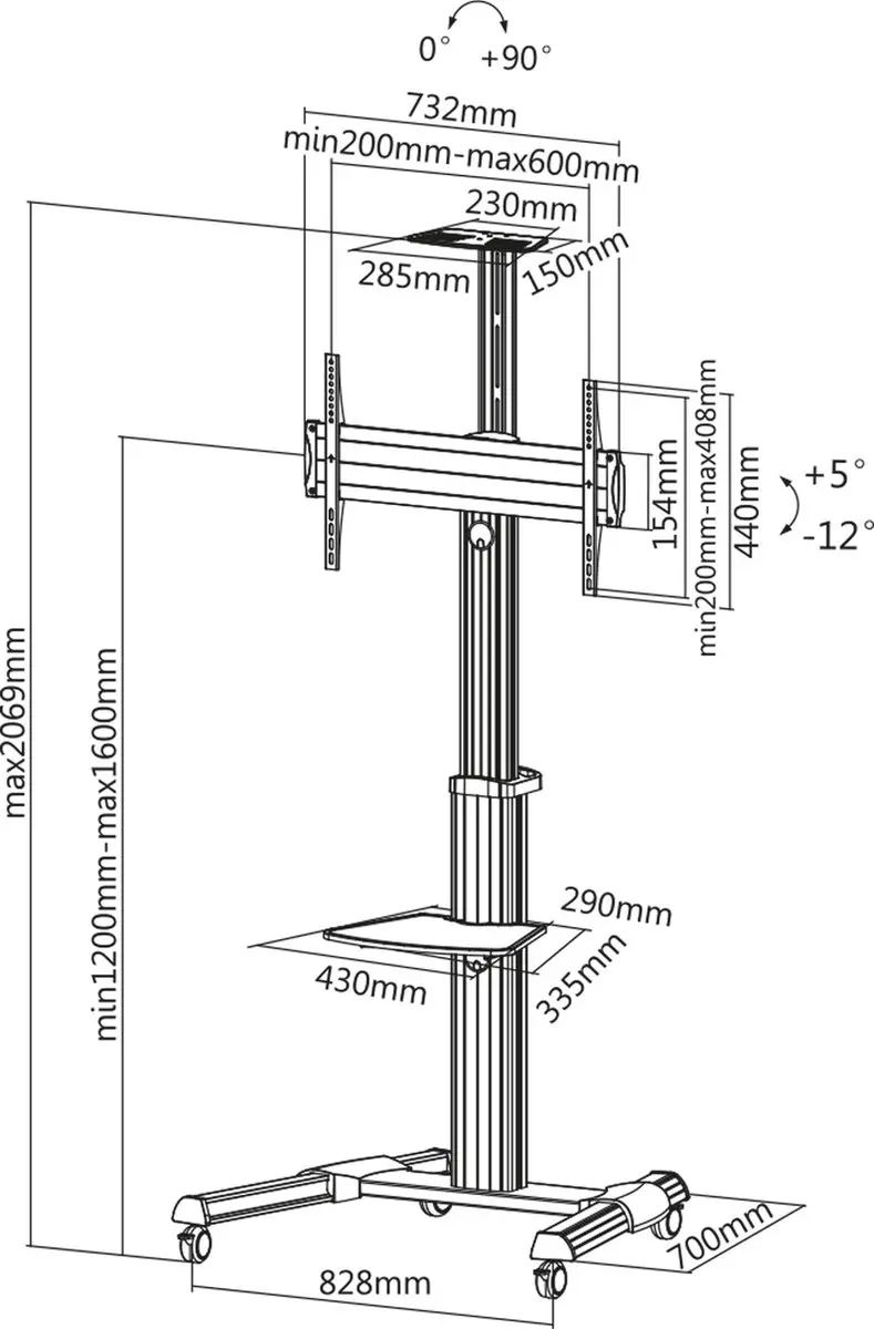InLine TV Trolley 23170A - 37-70" - 50 kg - Zwart/Zilver