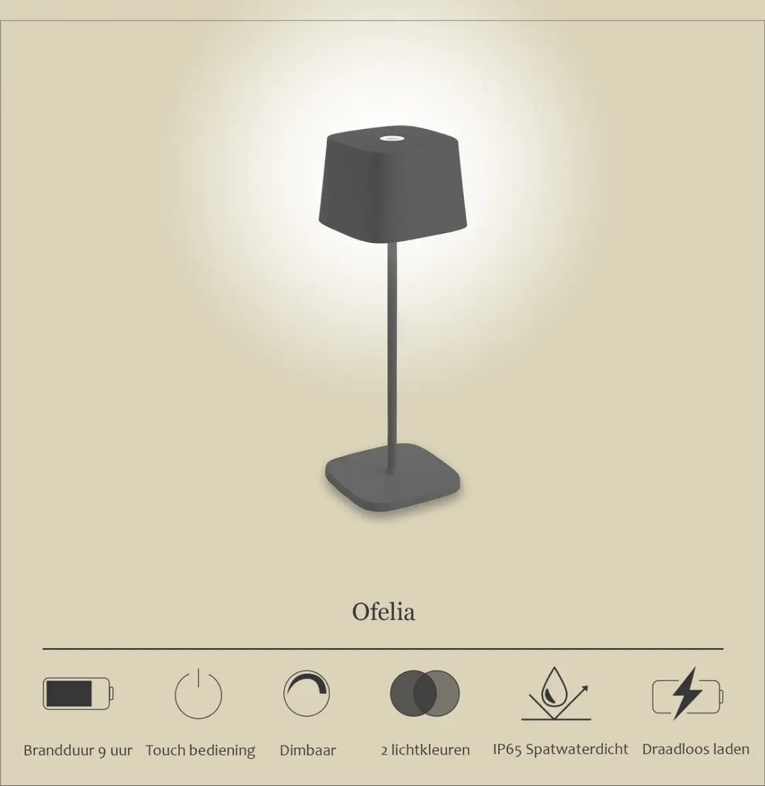 Zafferano Ofelia Oplaadbare LED Tafellamp - Antraciet - IP65 - 3000K
