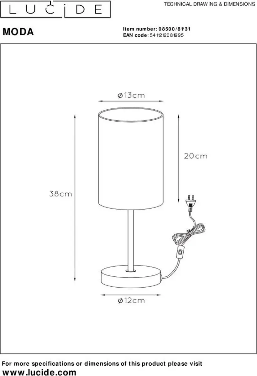 Lucide MODA Tafellamp Ø13cm - 1xE27 - Wit
