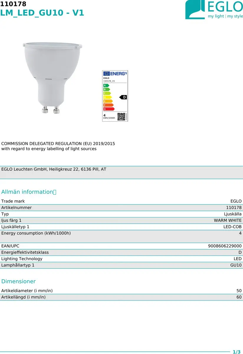 Eglo LED Spot GU10 PAR16 4,8W 400lm Warm Wit