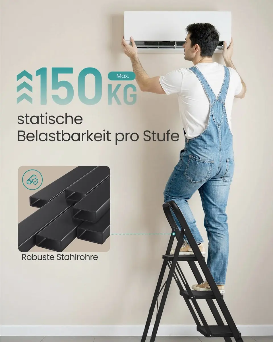 Songmics Opvouwbare Trap 3 treden - 74,5x46,5x105cm - Zwart