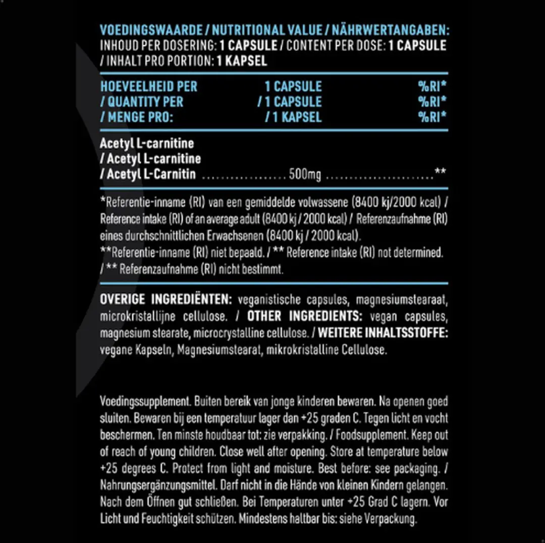 Pure Acetyl L-Carnitine 500mg - 120 Vegan Capsules
