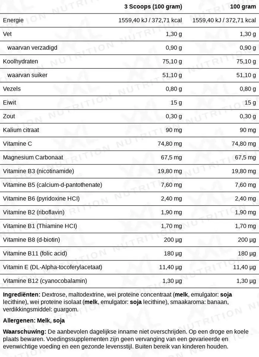 XXL Nutrition Weight Gainer Banaan 2500g